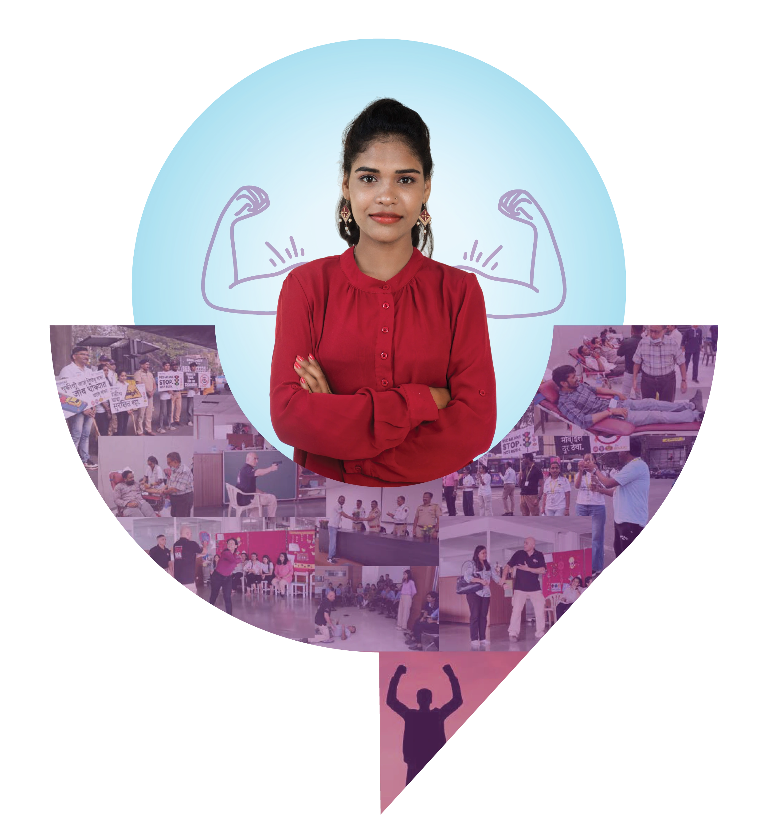 Woman standing confidently with images of community programs behind her, representing empowerment and youth development initiatives
