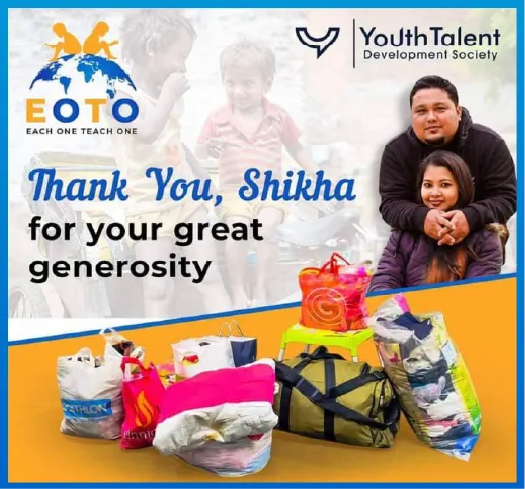 Thank you message for donor Shikha with donated supplies and essentials