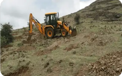 JCB machine leveling land for plantation preparation